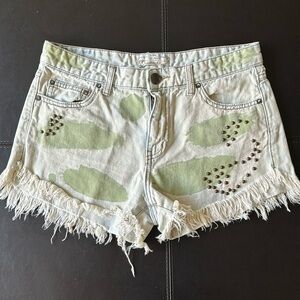 Free People Distressed Studded Paisley Camo High Waist Shorts 27